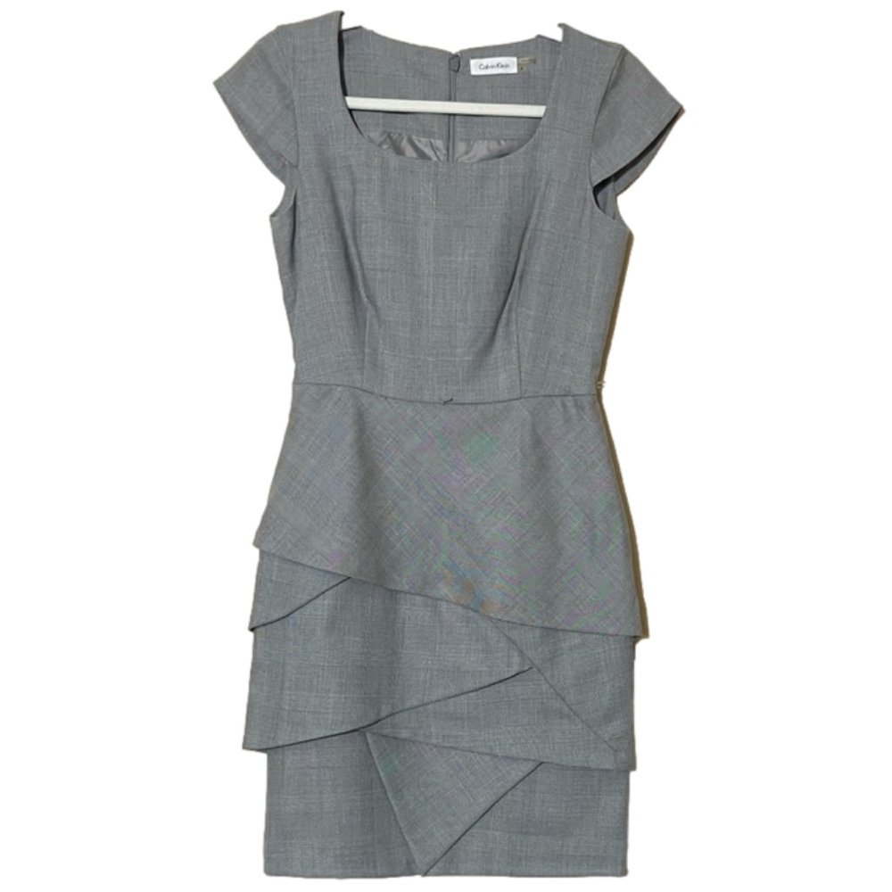 Calvin Klein Office Dress with Origami Wrap Detail Belted Plaid Gray Size 2